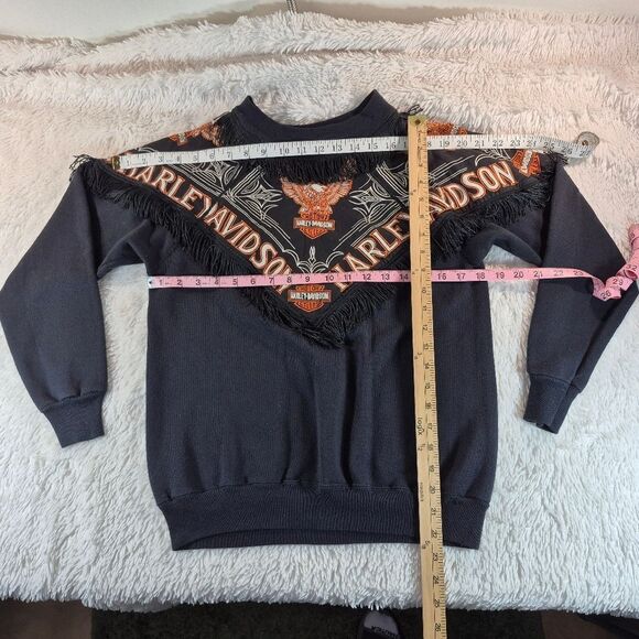 Vintage Harley Davidson Fringe Sweatshirt Black & Orange Graphic Biker Crewneck - Picture 8 of 11